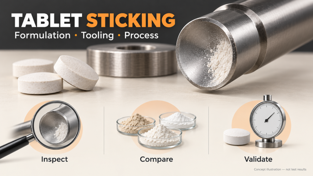 Tablet sticking illustration showing powder on a punch face and formulation, tooling and process checks